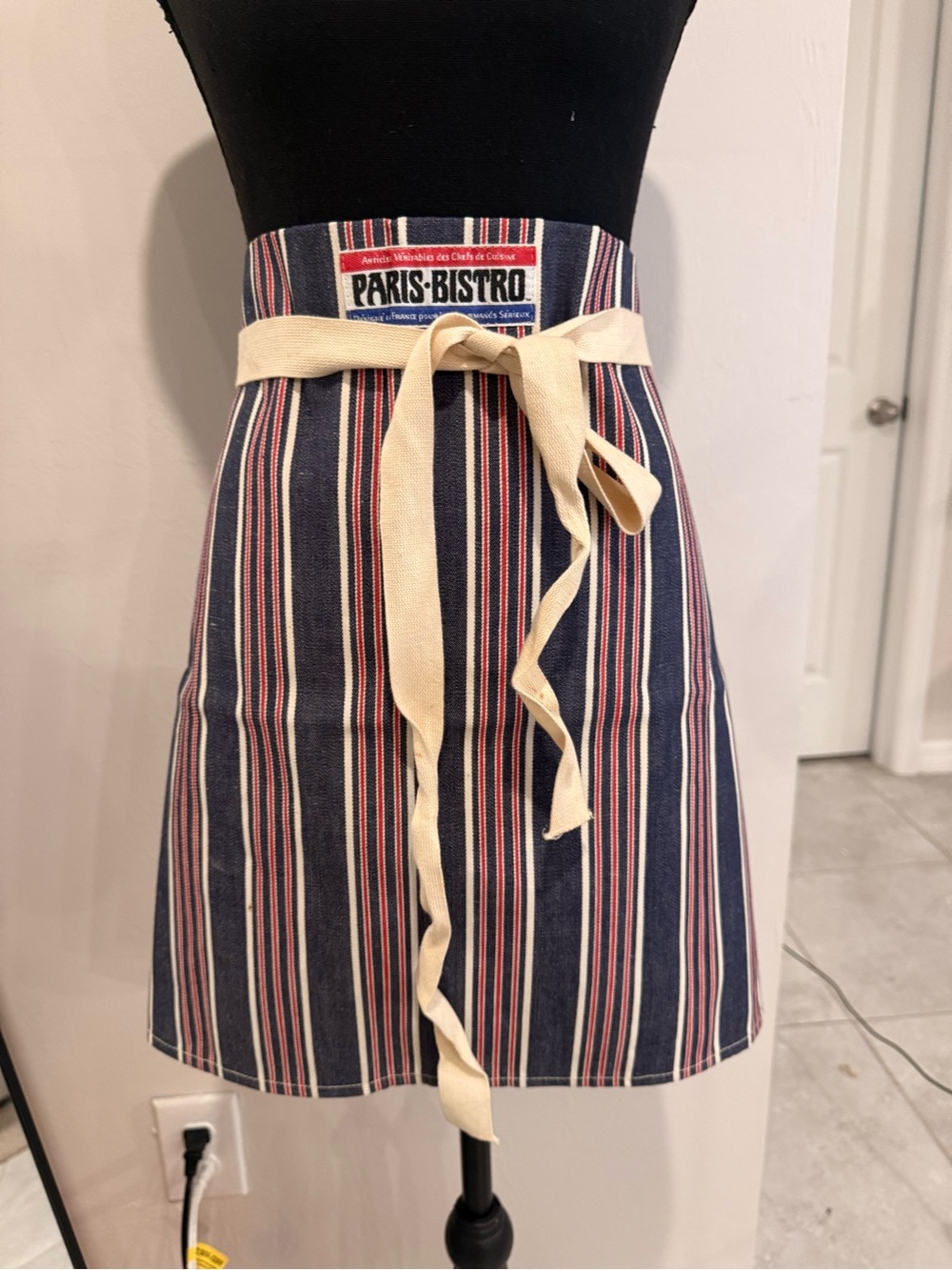 Navy and Red Striped Apron with Cream Waist Tie